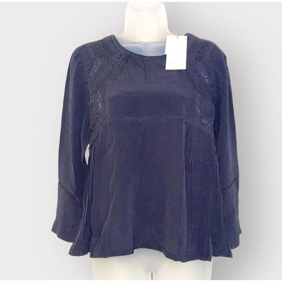 ANTHROPOLOGIE SEE U SOON Blouse Embroidered Flowy Pullover Top Black Small NWT - Picture 6 of 9